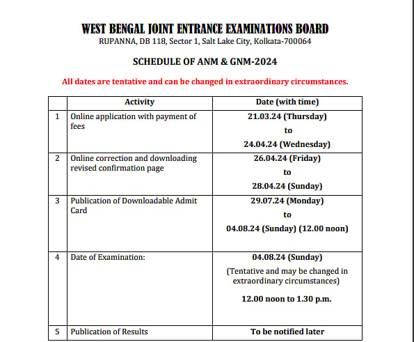 Tentative Exam Schedule
